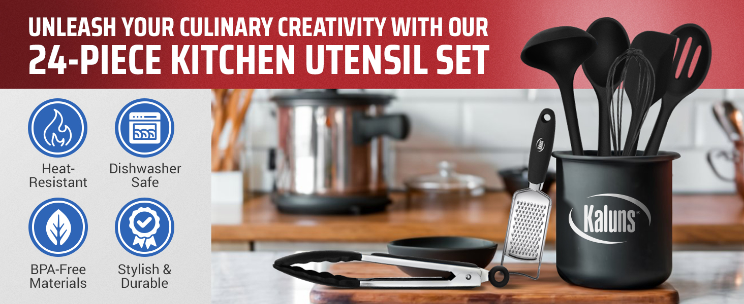 Kaluns Silicone Kitchen Utensils Set 24 Pcs Cooking Utensils Set - Can Opener, Masher, Turner, Spatula 446°F Heat Resistant Non-Stick - Premium Silicone and Stainless Steel Utensil Set