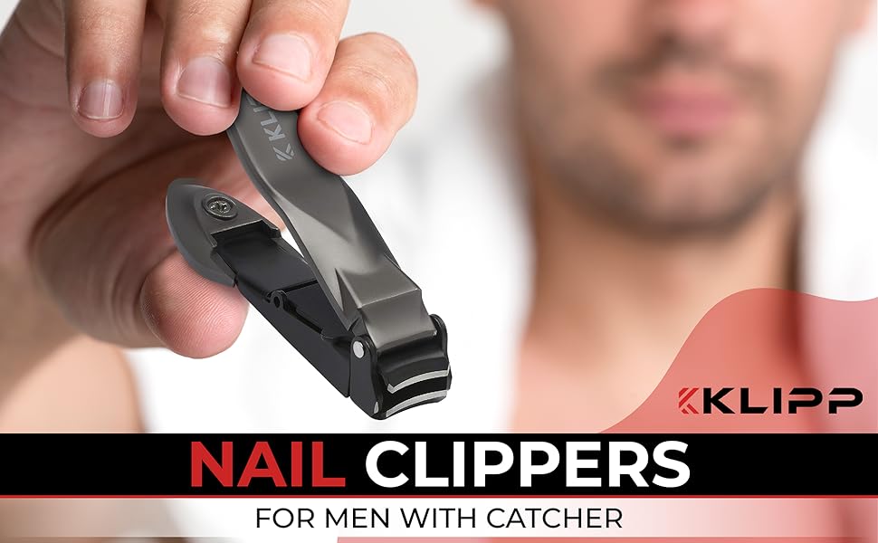 Nail Clippers for Men with Catcher - KLIPP Heavy Duty Razor-Sharp Self-Collecting Nail Cutter, Ergonomic Lever for Fingernails & Toenails, Ideal Gift for Men & Grooming Gifts Includes Ziplock Pouch