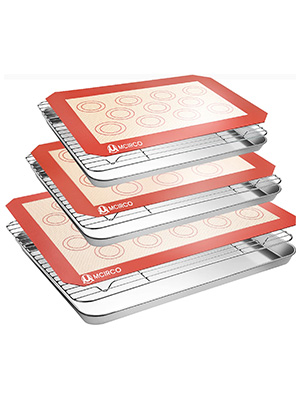 Stainless Steel Baking Sheet Tray Cooling Rack with Silicone Baking Mat Set, Cookie Pan with Cooling Rack, Set of 9 (3 Sheets + 3 Racks + 3 Mats), 10/12/16 Inch, Easy Clean