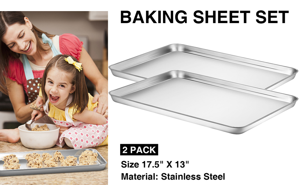 Baking Sheet Set of 2, Bastwe 18 inch Commercial Grade Stainless Steel Baking Pan, Professional Bakeware Oven Tray, Healthy & Non-toxic, Rust Free & Mirror Finish, Easy Clean & Dishwasher Safe