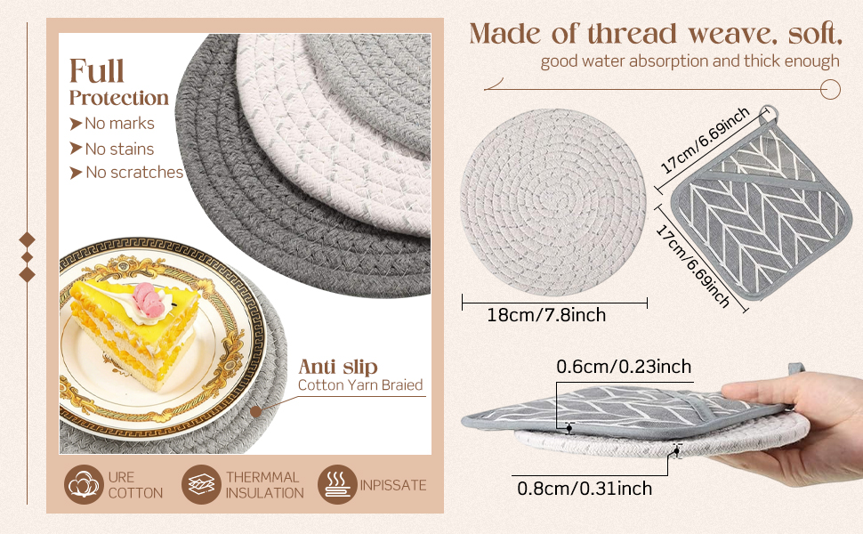 7 Pieces Square Pot Holders Washable Heat Resistant Pocket Mitt with Hanging Loop and Round Thread Weave Coaster Braided Drink Hot Pad Absorbent Woven Coaster for Kitchen Cooking Dinning