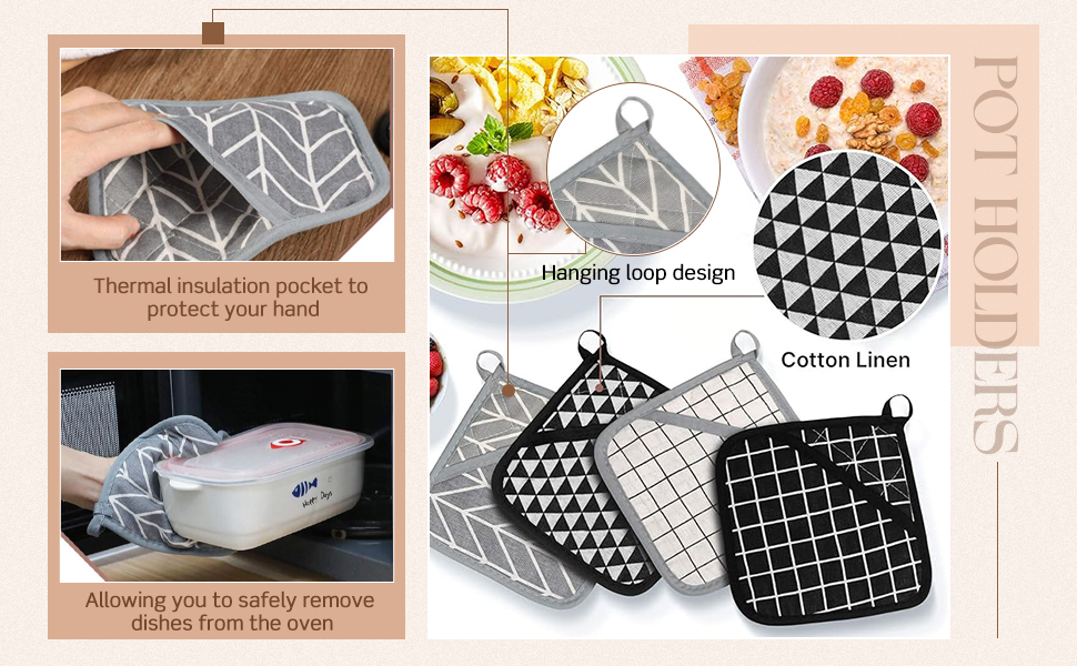 7 Pieces Square Pot Holders Washable Heat Resistant Pocket Mitt with Hanging Loop and Round Thread Weave Coaster Braided Drink Hot Pad Absorbent Woven Coaster for Kitchen Cooking Dinning