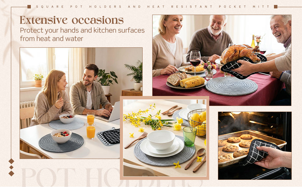 7 Pieces Square Pot Holders Washable Heat Resistant Pocket Mitt with Hanging Loop and Round Thread Weave Coaster Braided Drink Hot Pad Absorbent Woven Coaster for Kitchen Cooking Dinning