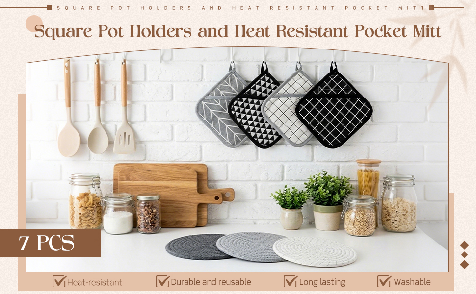 7 Pieces Square Pot Holders Washable Heat Resistant Pocket Mitt with Hanging Loop and Round Thread Weave Coaster Braided Drink Hot Pad Absorbent Woven Coaster for Kitchen Cooking Dinning