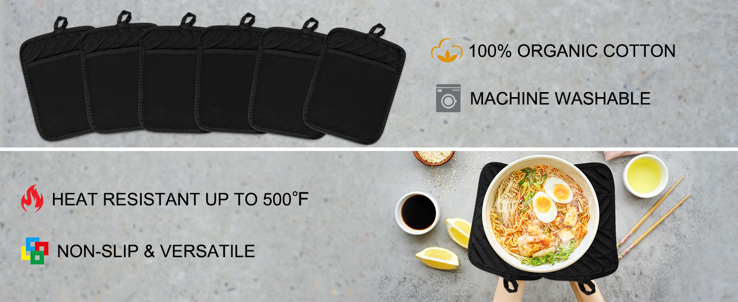 R HORSE 6Pcs Pot Holder with Pocket for Kitchen Black Pot Holders Set Cotton Heat Resistant Potholder Terry Cloth Coaster Hot Pad Oven Mitts Trivet for Baking Cooking 7''x9''