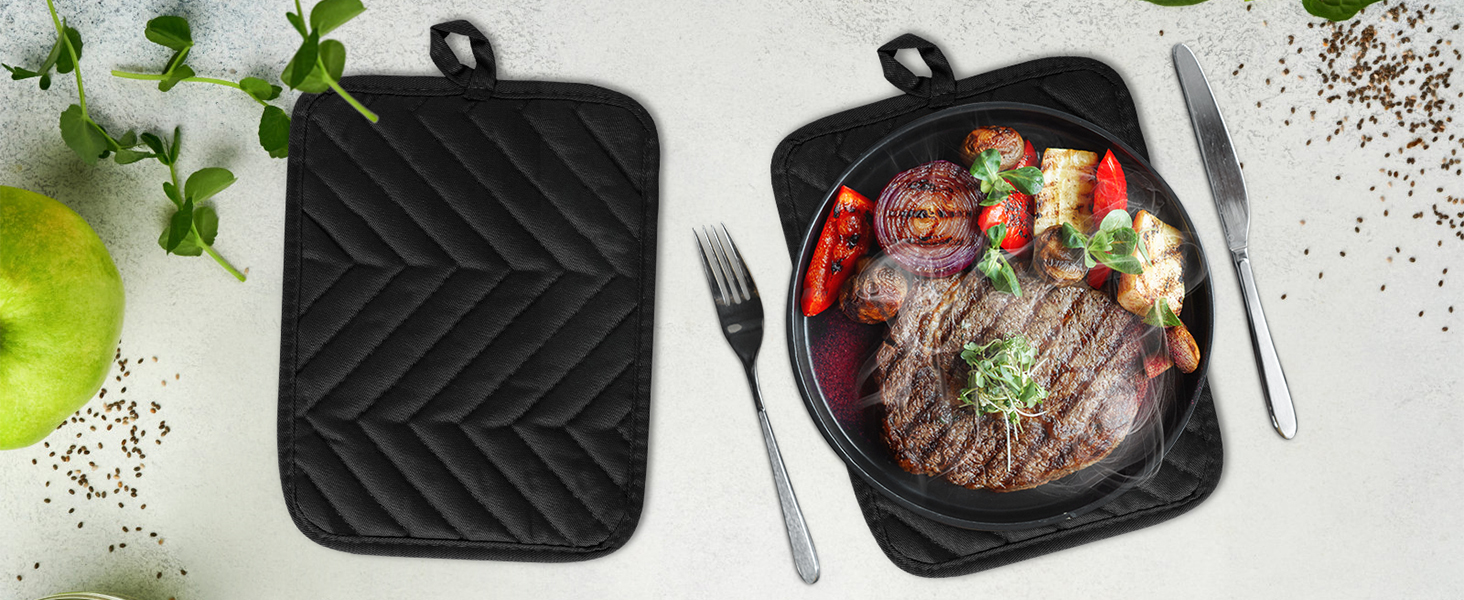 R HORSE 6Pcs Pot Holder with Pocket for Kitchen Black Pot Holders Set Cotton Heat Resistant Potholder Terry Cloth Coaster Hot Pad Oven Mitts Trivet for Baking Cooking 7''x9''