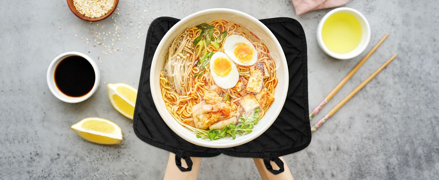 R HORSE 6Pcs Pot Holder with Pocket for Kitchen Black Pot Holders Set Cotton Heat Resistant Potholder Terry Cloth Coaster Hot Pad Oven Mitts Trivet for Baking Cooking 7''x9''