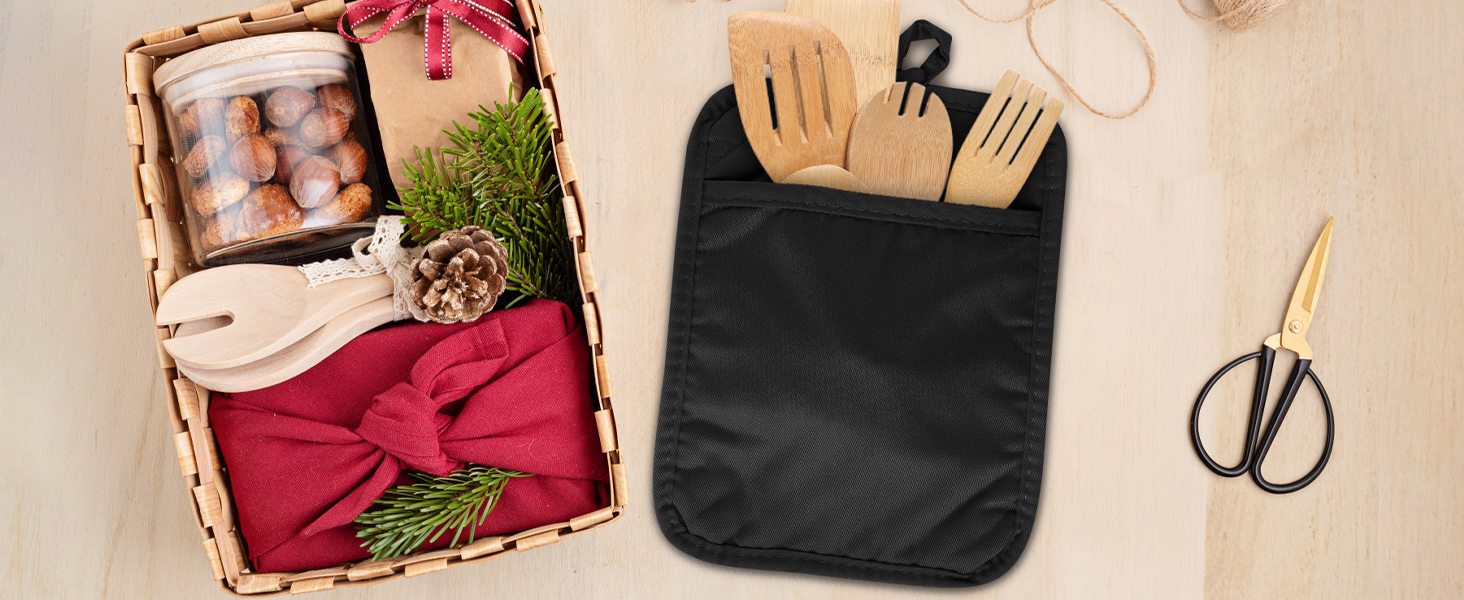 R HORSE 6Pcs Pot Holder with Pocket for Kitchen Black Pot Holders Set Cotton Heat Resistant Potholder Terry Cloth Coaster Hot Pad Oven Mitts Trivet for Baking Cooking 7''x9''