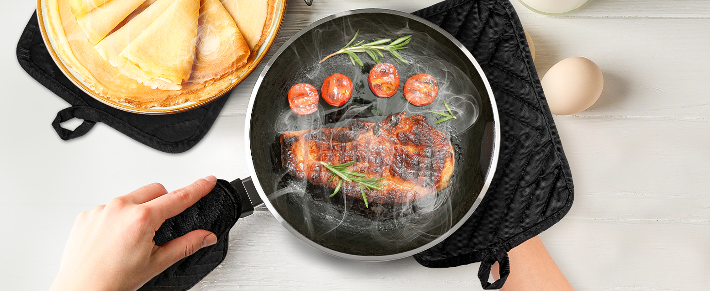 R HORSE 6Pcs Pot Holder with Pocket for Kitchen Black Pot Holders Set Cotton Heat Resistant Potholder Terry Cloth Coaster Hot Pad Oven Mitts Trivet for Baking Cooking 7''x9''