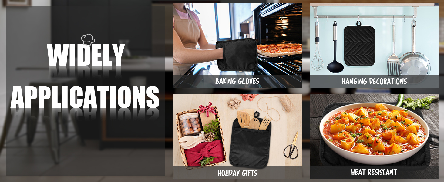 R HORSE 6Pcs Pot Holder with Pocket for Kitchen Black Pot Holders Set Cotton Heat Resistant Potholder Terry Cloth Coaster Hot Pad Oven Mitts Trivet for Baking Cooking 7''x9''