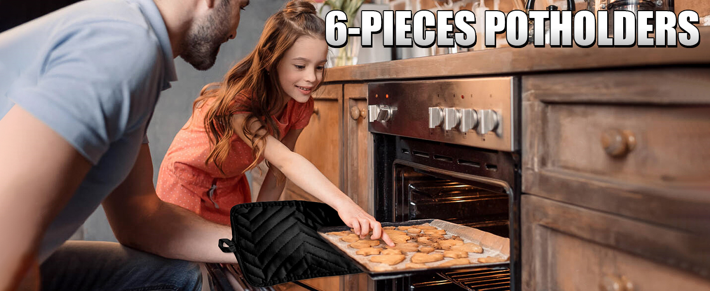 R HORSE 6Pcs Pot Holder with Pocket for Kitchen Black Pot Holders Set Cotton Heat Resistant Potholder Terry Cloth Coaster Hot Pad Oven Mitts Trivet for Baking Cooking 7''x9''