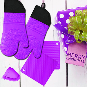 Silicone Oven Mitts and Pot Holders Sets, MTZRFLL Extra Long Heat Resistant Oven Gloves with Hot Pads and Mini Oven Mits Set for Kitchen Cooking Baking, Soft Quilted Lining, Pack of 6 (Purple)