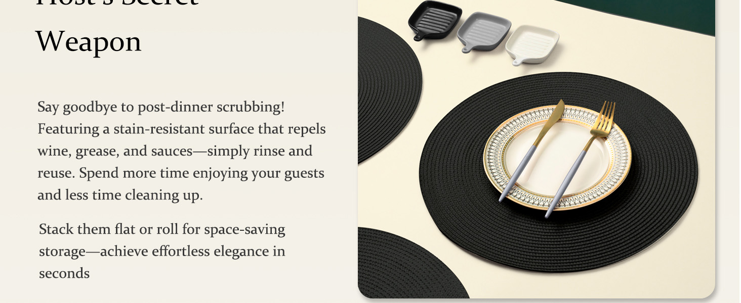 AHHFSMEI Round Braided Placemats 15 Inch Round Table Mats for Dining Tables Natural Woven Heat Resistant Place mats Set of 6 (Black)