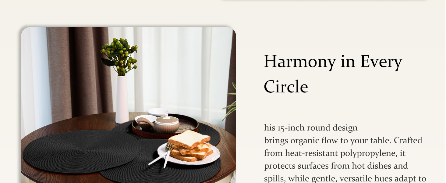 AHHFSMEI Round Braided Placemats 15 Inch Round Table Mats for Dining Tables Natural Woven Heat Resistant Place mats Set of 6 (Black)