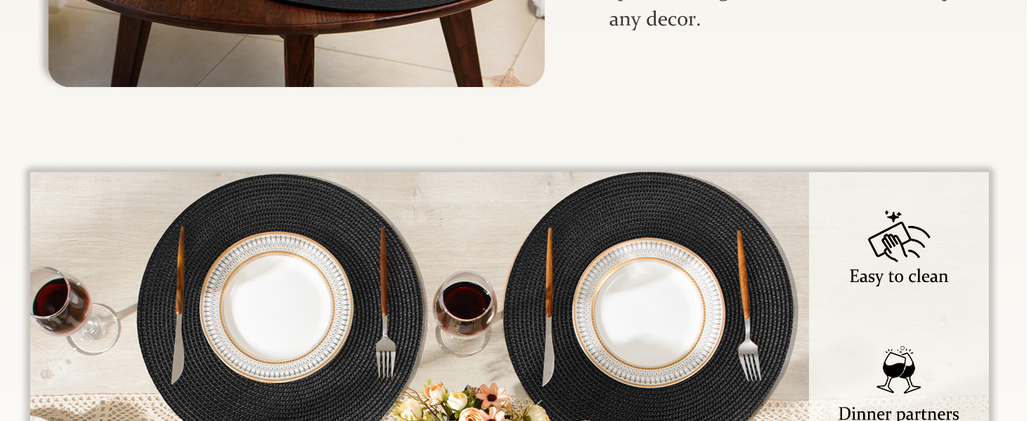 AHHFSMEI Round Braided Placemats 15 Inch Round Table Mats for Dining Tables Natural Woven Heat Resistant Place mats Set of 6 (Black)