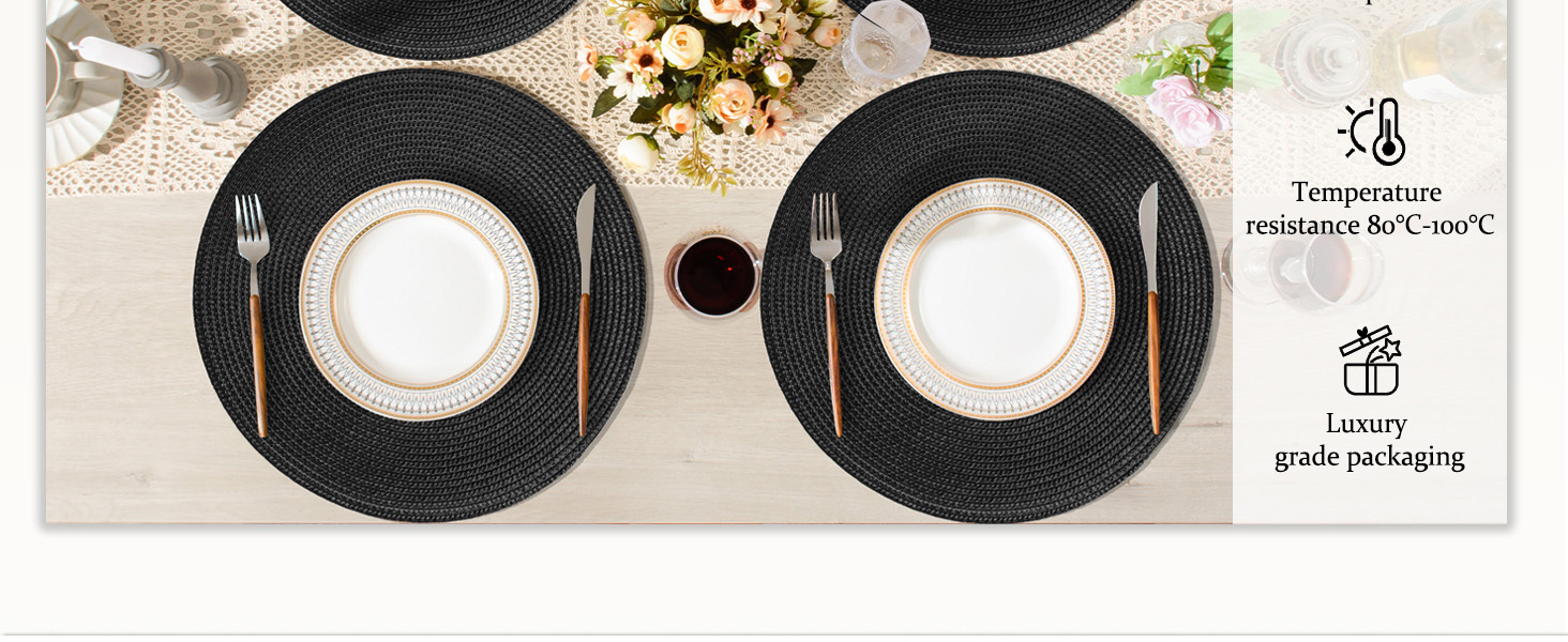 AHHFSMEI Round Braided Placemats 15 Inch Round Table Mats for Dining Tables Natural Woven Heat Resistant Place mats Set of 6 (Black)