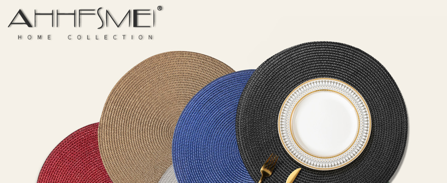 AHHFSMEI Round Braided Placemats 15 Inch Round Table Mats for Dining Tables Natural Woven Heat Resistant Place mats Set of 6 (Black)