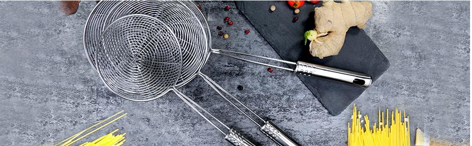 Enhanced Version Stainless Steel Spider Strainer Skimmer Ladle, Set of 3 Sizes Kitchen Strainer Spoon for Cooking and Frying, Pasta Strainer, Food Preparation-32.5cm, 36cm, 38cm