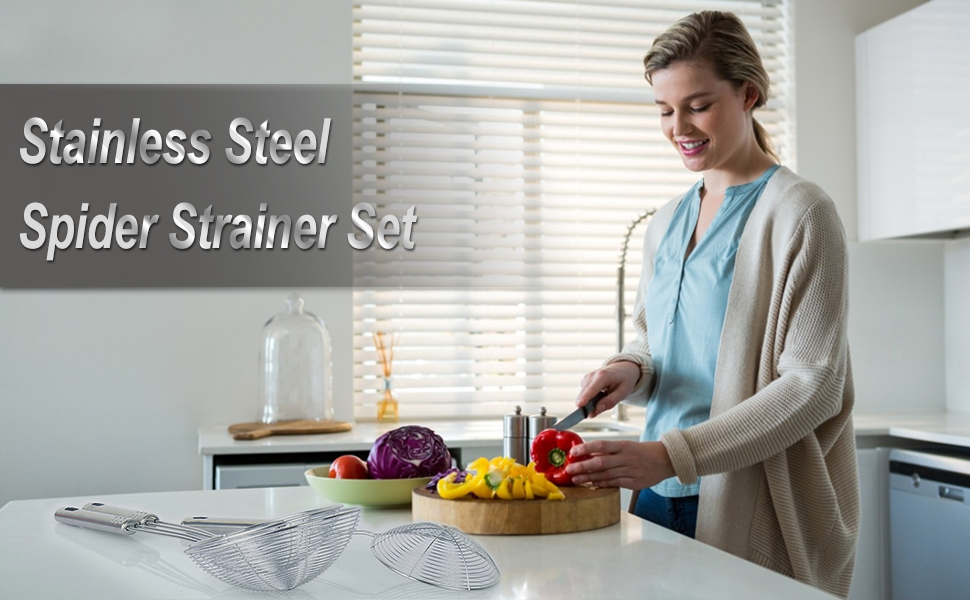 Enhanced Version Stainless Steel Spider Strainer Skimmer Ladle, Set of 3 Sizes Kitchen Strainer Spoon for Cooking and Frying, Pasta Strainer, Food Preparation-32.5cm, 36cm, 38cm