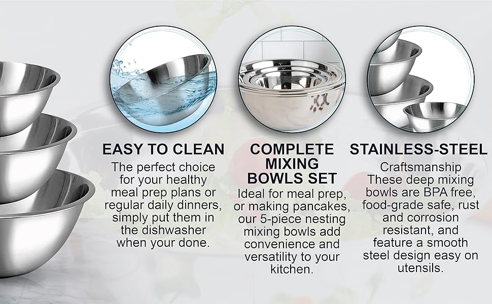 WHYSKO Stainless Steel Mixing Bowl Set, 10 Piece Stainless Steel Mixing Bowls with Lids Set for Food Prep Storage and Serving, Dishwasher Safe for Kitchen Baking Cooking, Silver