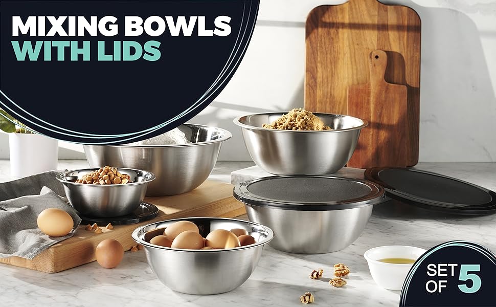 WHYSKO Stainless Steel Mixing Bowl Set, 10 Piece Stainless Steel Mixing Bowls with Lids Set for Food Prep Storage and Serving, Dishwasher Safe for Kitchen Baking Cooking, Silver
