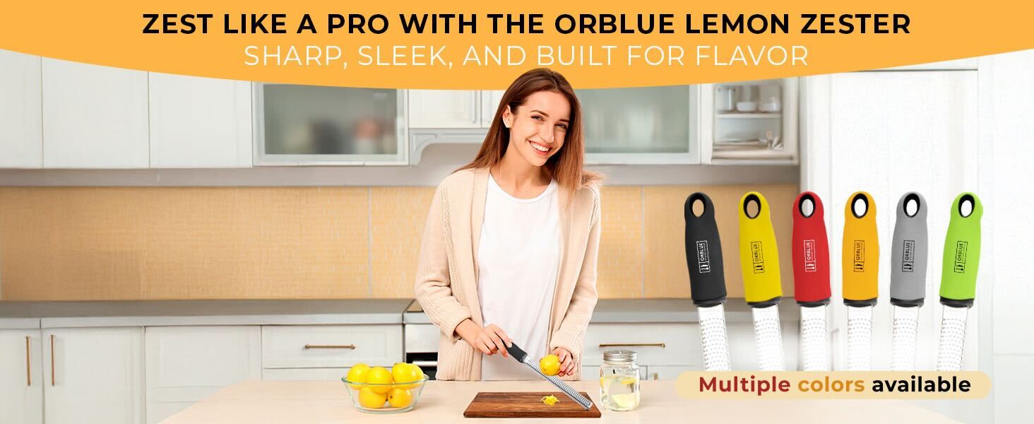 Orblue Lemon Zester & Cheese Grater - Premium Citrus Zester, Kitchen Grater for Parmesan, Chocolate, Fruits, Vegetables, Ginger, Garlic, Nutmeg - Stainless Steel Blades with Protective Cover, Black
