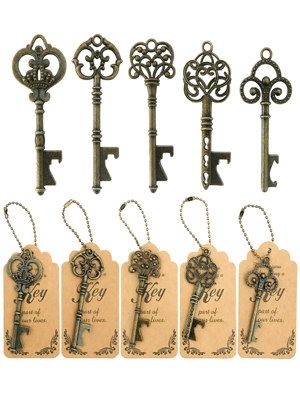 WODEGIFT 50pcs Bottle Opener,Wedding Favors Vintage Skeleton Key Bottle Opener,Key Bottle Openers with Escort Tag Cards and Key Chains Wedding Gifts for Guest（Bronze,5 styles）