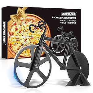 Bicycle Pizza Cutter Wheel - Gifts for Cyclists, Men, Dad, Bike Lovers - Funny Kitchen Gadgets - Cool Father’s Day, Christmas, Birthday, White Elephant Gifts - Stainless Steel Pizza Slicer(Black)