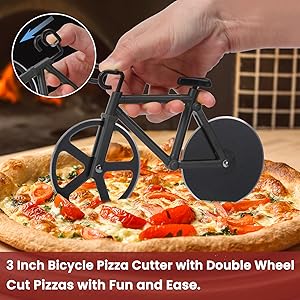 Bicycle Pizza Cutter Wheel - Gifts for Cyclists, Men, Dad, Bike Lovers - Funny Kitchen Gadgets - Cool Father’s Day, Christmas, Birthday, White Elephant Gifts - Stainless Steel Pizza Slicer(Black)