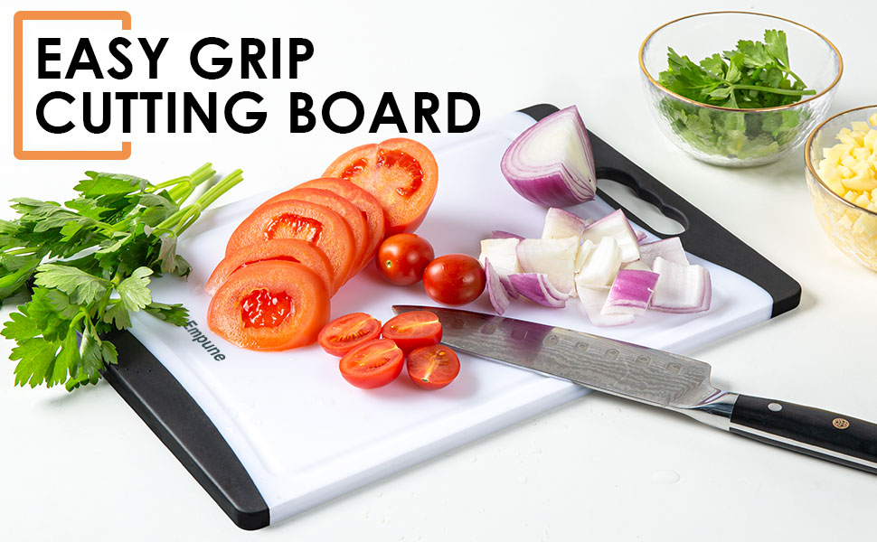 Extra Large Cutting Boards, Plastic for Kitchen (Set of 4) Dishwasher Chopping Board with Juice Grooves, Easy-Grip Handles, Black, Empune