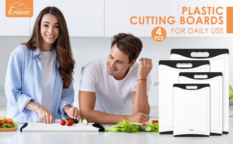 Extra Large Cutting Boards, Plastic for Kitchen (Set of 4) Dishwasher Chopping Board with Juice Grooves, Easy-Grip Handles, Black, Empune
