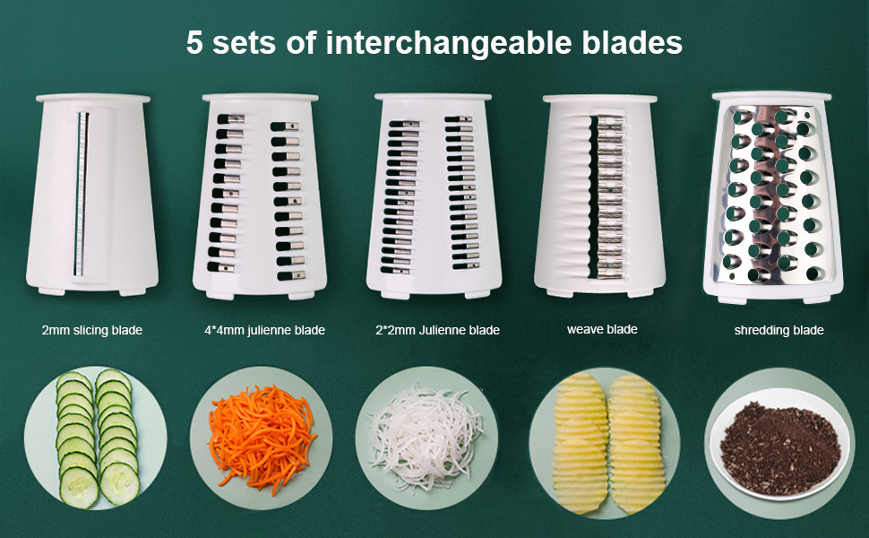 Rotary Cheese Grater Shredder 5-in-1 Tumbling Box Mandoline Vegetable Julienne Slicer Waffle Cutter Nut Chopper with Handle and Strong Suction Base