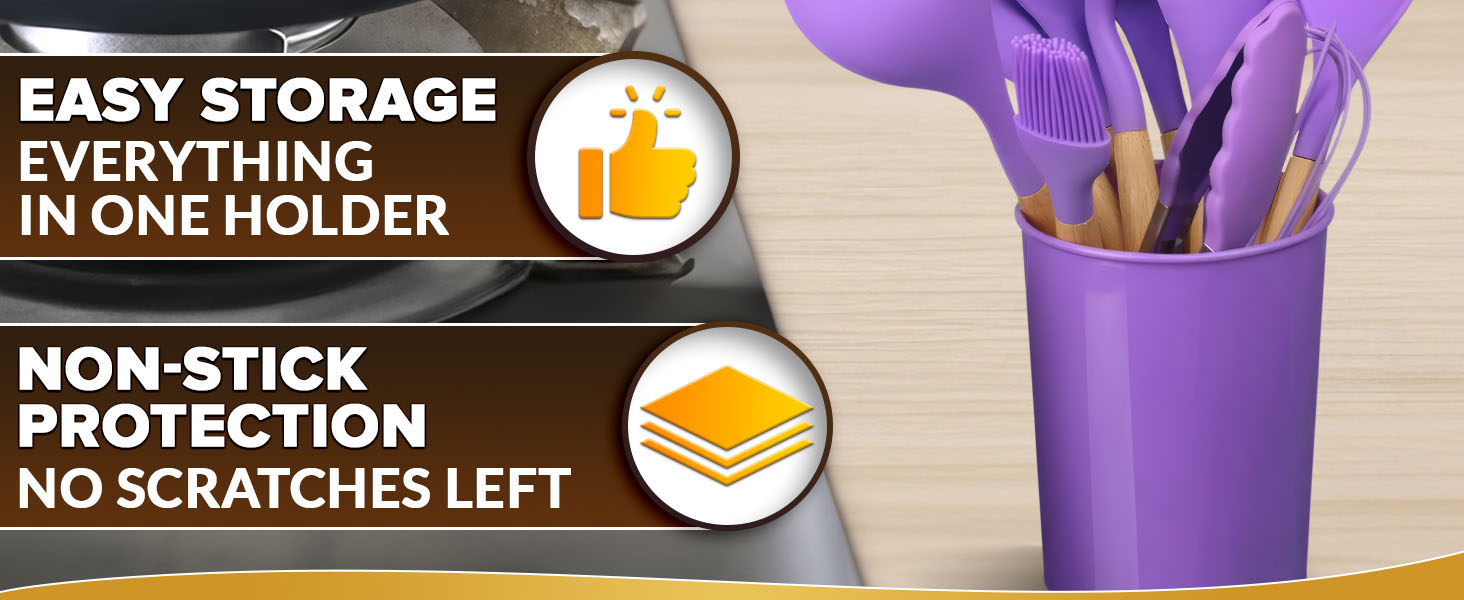 12 Pcs Purple Kitchen Utensils Set with Holder – Versatile Silicone Utensils Set for Cooking and Baking, Gentle on Pots and Pans, Heat-Resistant, Stylish, Easy to Clean, Purple Kitchen Accessories