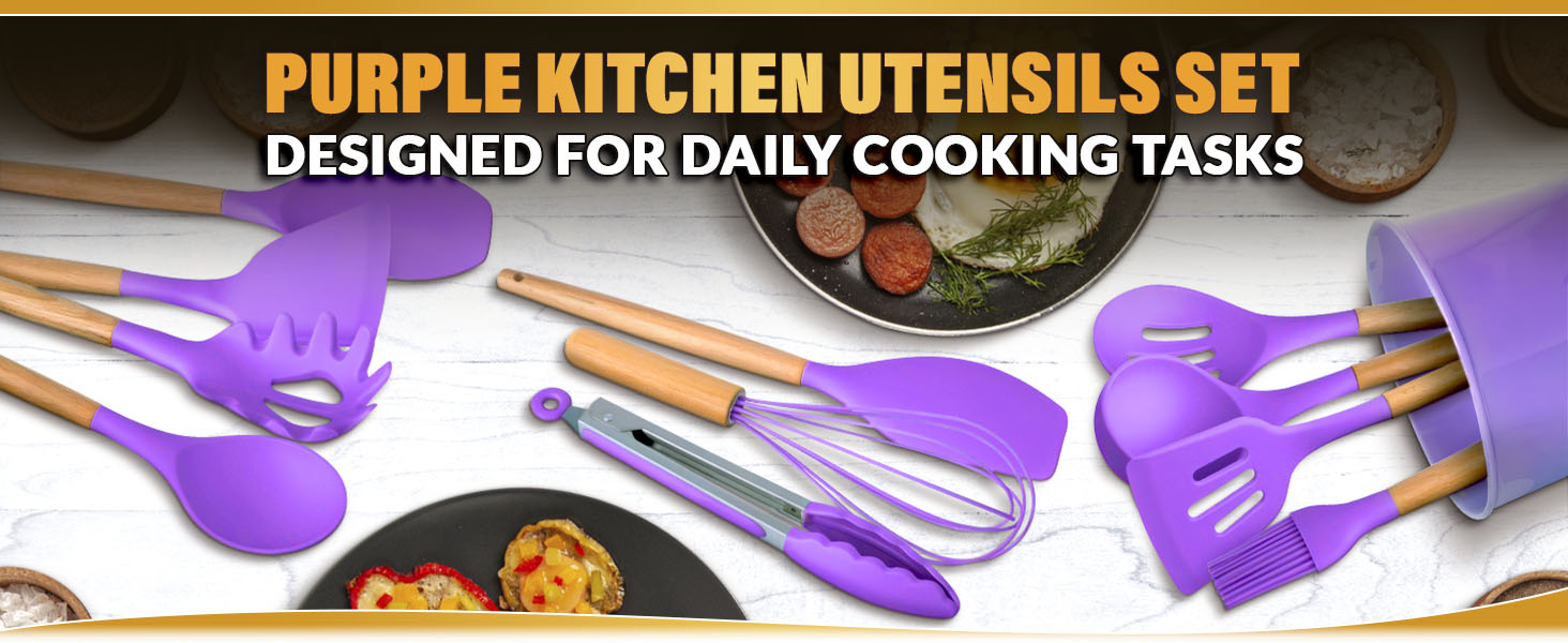 12 Pcs Purple Kitchen Utensils Set with Holder – Versatile Silicone Utensils Set for Cooking and Baking, Gentle on Pots and Pans, Heat-Resistant, Stylish, Easy to Clean, Purple Kitchen Accessories