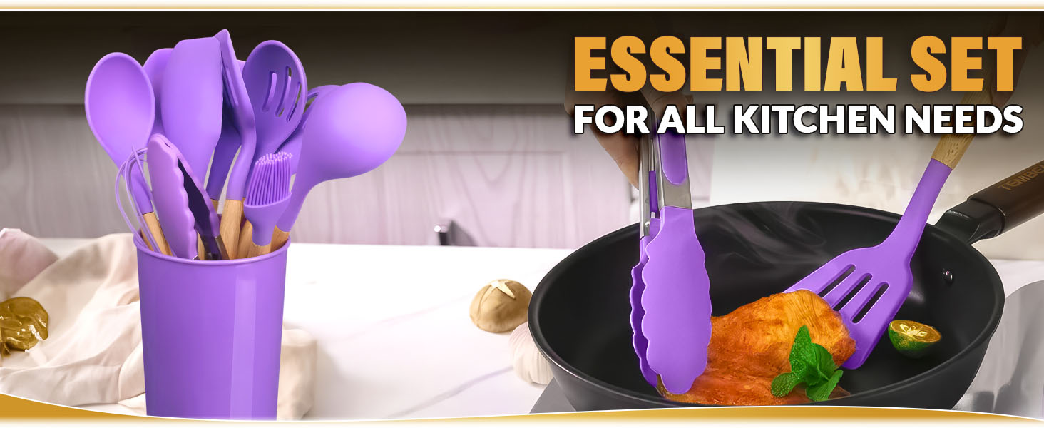 12 Pcs Purple Kitchen Utensils Set with Holder – Versatile Silicone Utensils Set for Cooking and Baking, Gentle on Pots and Pans, Heat-Resistant, Stylish, Easy to Clean, Purple Kitchen Accessories