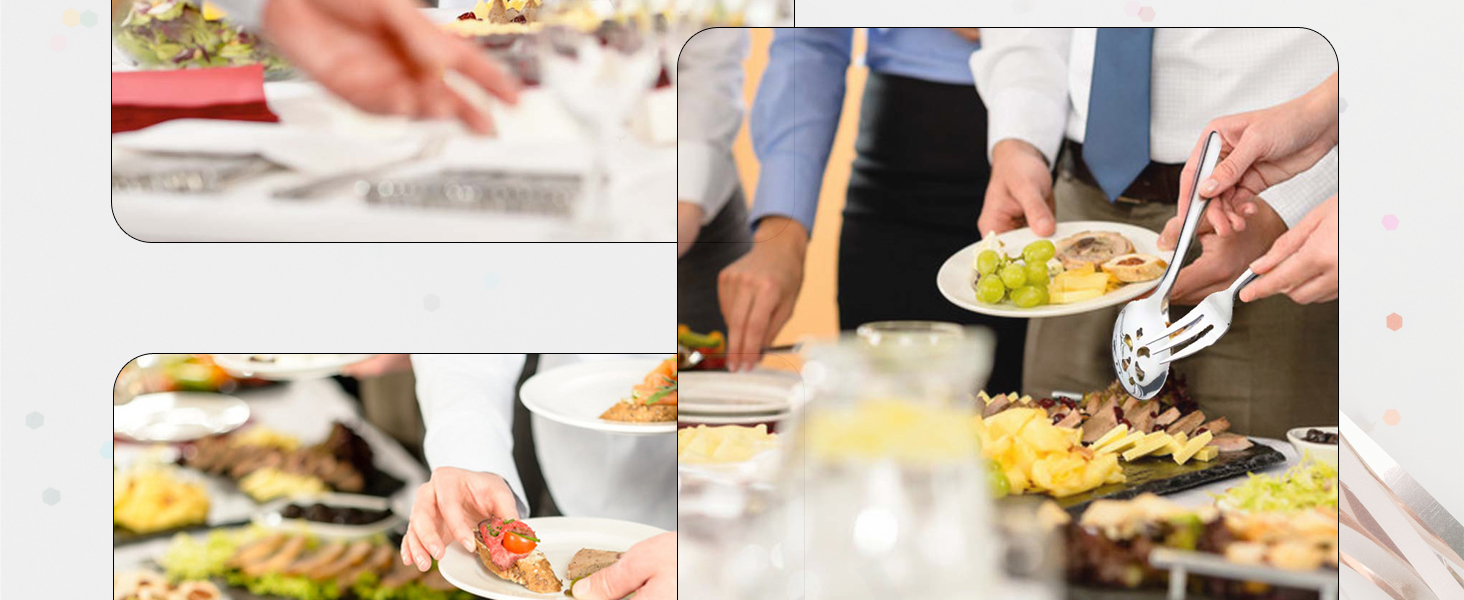 Serving Spoons*2 Slot Spoons* 2 Forks *2 Buffet Colander Stainless Steel Banquet Set, Set of 6. Lenght 9