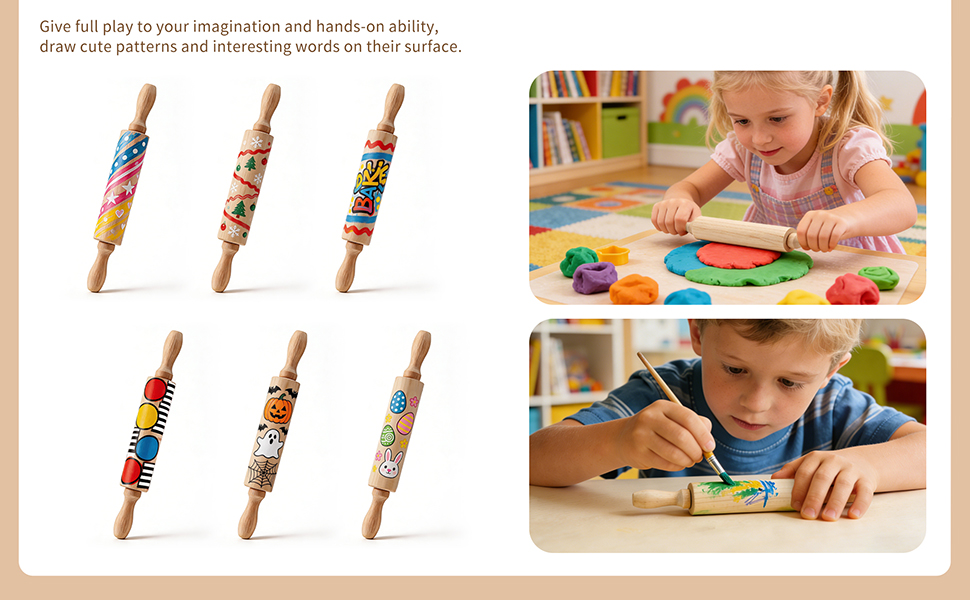 BILLIOTEAM 6 Pack 8 Inch Mini Wood Rolling Pin,Great for Children Kids Girls and Boys,Small Wooden Rollers for Art and Crafting,Baking,Cookie Dough,Cooking,Clay,Play Doh