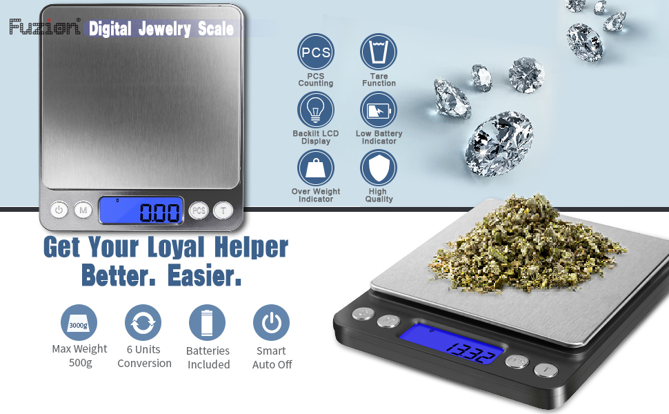Fuzion Digital Gram Scale with 2 Trays, 500g/ 0.01g Small Jewelry Scale, 6 Units Gram Scales Digital Weight Gram and Oz, Tare Function, Digital Herb Scale for Food, Mini Reptile