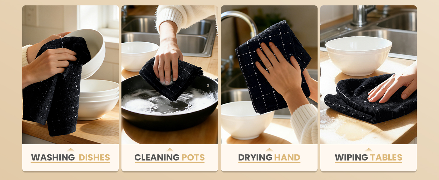 Homaxy 100% Cotton Terry Kitchen Towels(Black, 13 x 28 inches), Checkered Designed, Soft and Super Absorbent Dish Towels, 4 Pack