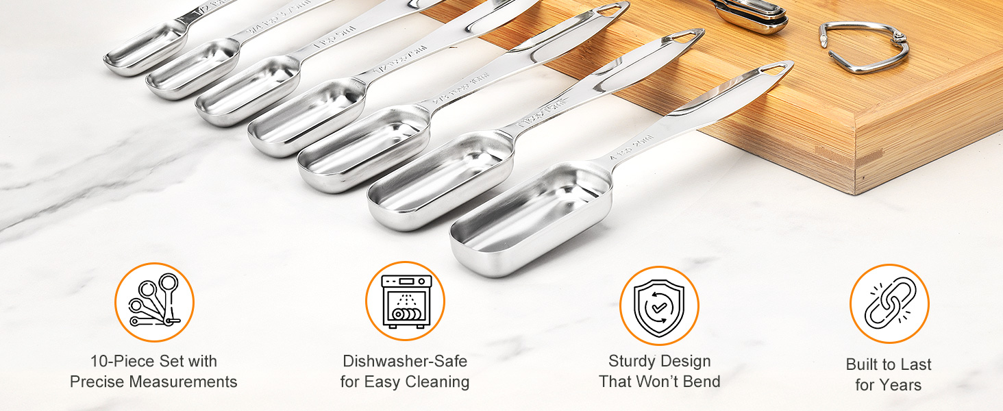 FANGSUN Narrow Measuring Spoons Set of 10, Heavy-Duty Stainless Steel Measuring Spoons with Long Handles & Engraved Measurements, Fits in Spice Jars, for Baking & Cooking