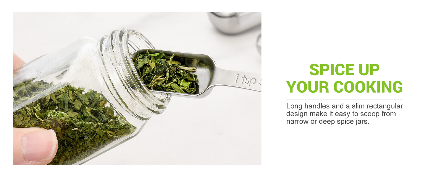 FANGSUN Narrow Measuring Spoons Set of 10, Heavy-Duty Stainless Steel Measuring Spoons with Long Handles & Engraved Measurements, Fits in Spice Jars, for Baking & Cooking