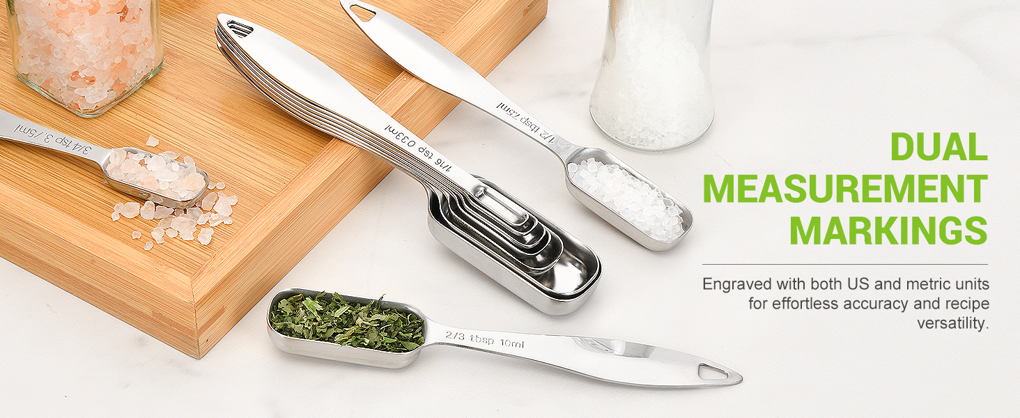 FANGSUN Narrow Measuring Spoons Set of 10, Heavy-Duty Stainless Steel Measuring Spoons with Long Handles & Engraved Measurements, Fits in Spice Jars, for Baking & Cooking