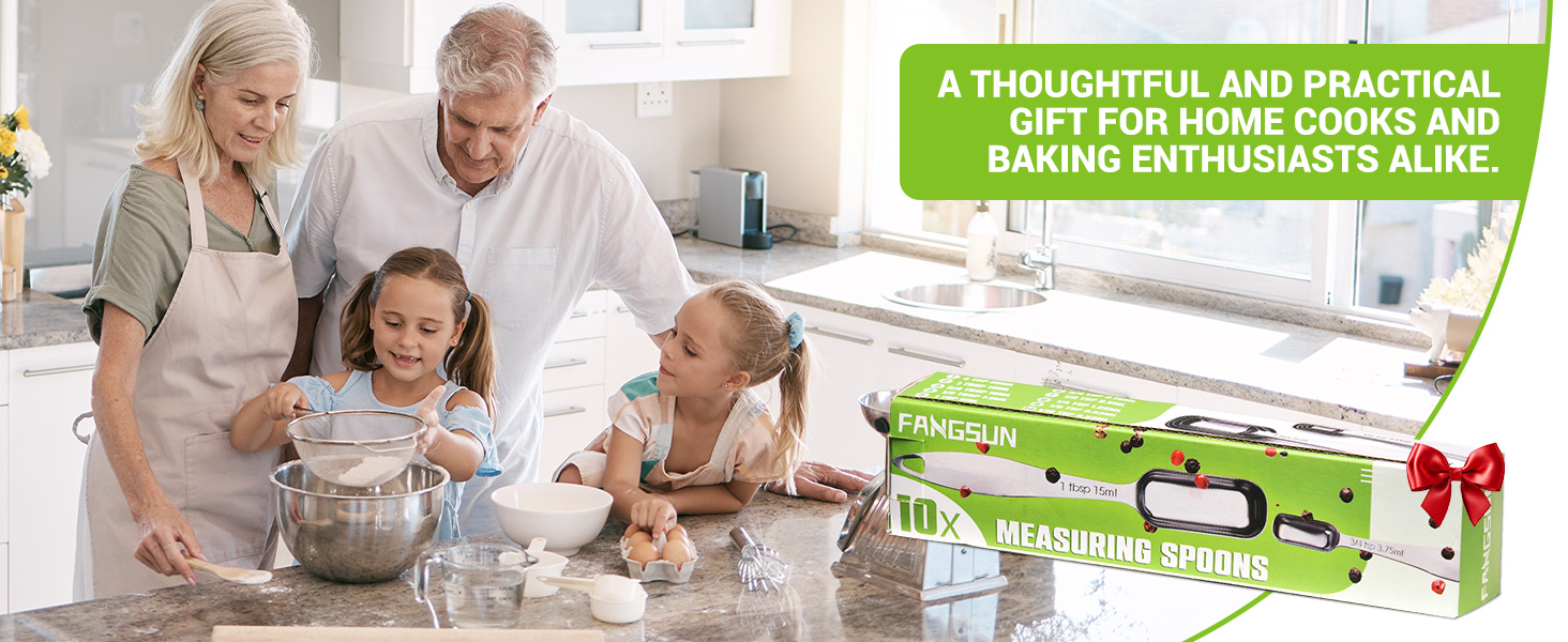 FANGSUN Narrow Measuring Spoons Set of 10, Heavy-Duty Stainless Steel Measuring Spoons with Long Handles & Engraved Measurements, Fits in Spice Jars, for Baking & Cooking