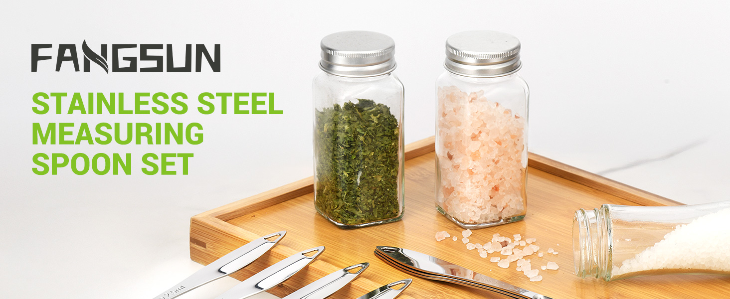 FANGSUN Narrow Measuring Spoons Set of 10, Heavy-Duty Stainless Steel Measuring Spoons with Long Handles & Engraved Measurements, Fits in Spice Jars, for Baking & Cooking