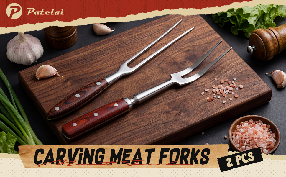 Patelai 2 Pcs Carving Meat Forks 12 in and 14 in Kitchen Stainless Steel Serving Grilling Beef Forks with Wooden Handle Xmas Large Cooking Forged Set for Home Family Party Roast BBQ Tools