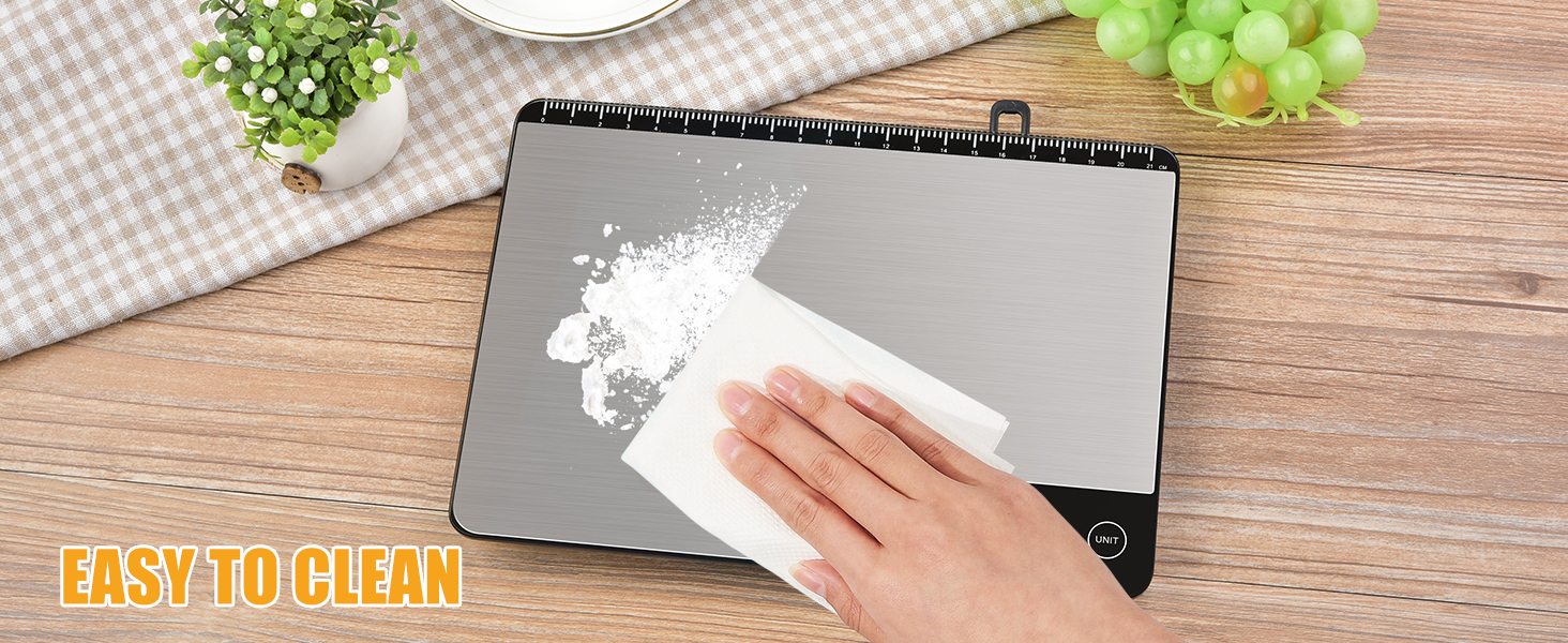 33lb Digital Kitchen Scale Large Weighing Area (9 in), Diyife Professional Electronic Food Scale, Stainless Steel Household Scale, Touch Control, LCD Display, Hangable, 6 Units, Tare, with Batteries