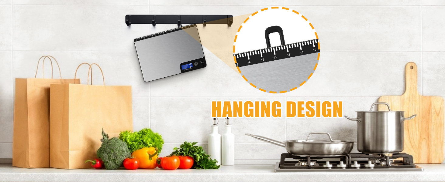 33lb Digital Kitchen Scale Large Weighing Area (9 in), Diyife Professional Electronic Food Scale, Stainless Steel Household Scale, Touch Control, LCD Display, Hangable, 6 Units, Tare, with Batteries