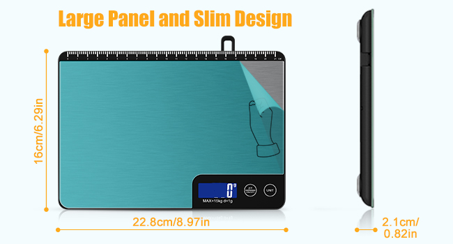 33lb Digital Kitchen Scale Large Weighing Area (9 in), Diyife Professional Electronic Food Scale, Stainless Steel Household Scale, Touch Control, LCD Display, Hangable, 6 Units, Tare, with Batteries