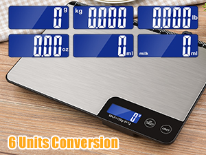 33lb Digital Kitchen Scale Large Weighing Area (9 in), Diyife Professional Electronic Food Scale, Stainless Steel Household Scale, Touch Control, LCD Display, Hangable, 6 Units, Tare, with Batteries