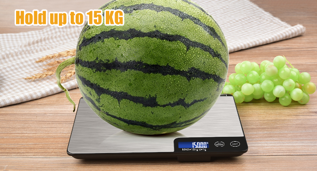 33lb Digital Kitchen Scale Large Weighing Area (9 in), Diyife Professional Electronic Food Scale, Stainless Steel Household Scale, Touch Control, LCD Display, Hangable, 6 Units, Tare, with Batteries